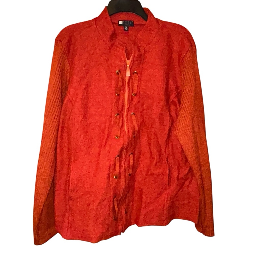 Carole Little Vtg 90s Red Wool Sweater Jacket‎ 3X Textured Knit Zip Cardigan